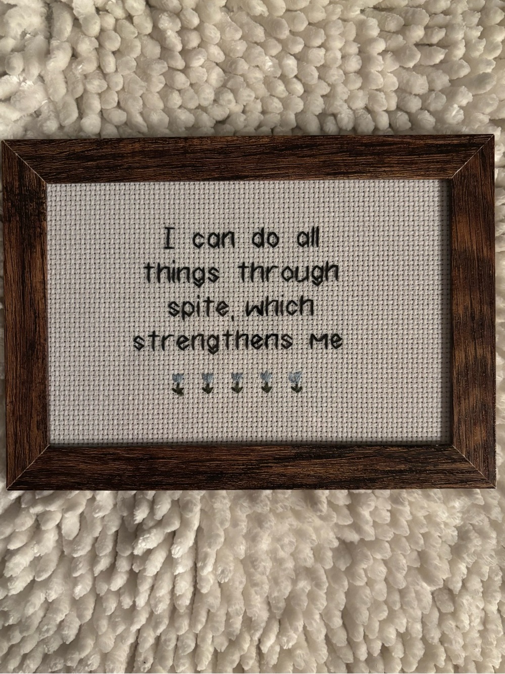 Vintage Hand-Stitched Inspirational Cross Stitch Hoop with Dark Wood Frame